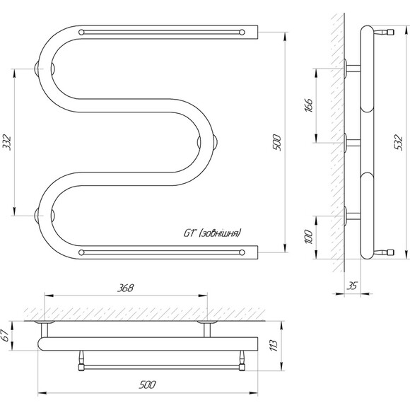 Водяна рушникосушарка Laris Змійовик 32 РС3 71207201 (500x500, 1", з полицею), фото , изображение 4