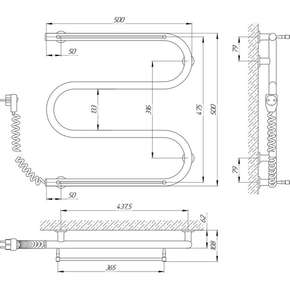 Электрический полотенцесушитель Laris Зебра Змеевик 25 ЧК3 75201037 (500x500, белый глянцевый, левый, с полкой), фото 6