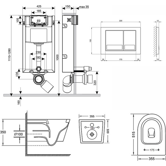 Унитаз подвесной Qtap Swan QT16335178W с инсталляцией Qtap Nest QT0133M425 и клавишей смыва M06028CRM (QT16335178W0133M425M06028CRM, с сиденьем и звукоизоляционной прокладкой), фото 10