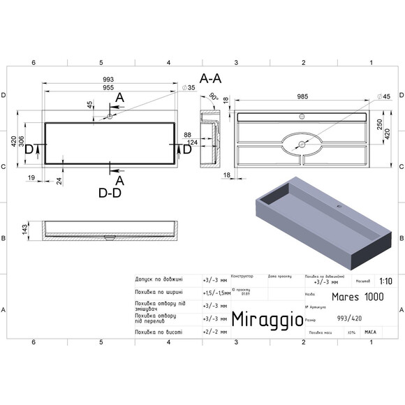 Раковина Miraggio Mares 1000 Mirasoft 0001102 (99x42 см, біла матова), Доступні розміри: 99 x 42, Колір виробника: білий матовий, Технологія виробництва: Mirasoft Technology, фото , изображение 4