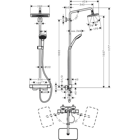 Термостатична душова система Hansgrohe Croma E Showerpipe 280 EcoSmart Chrome 27660000, фото , изображение 3