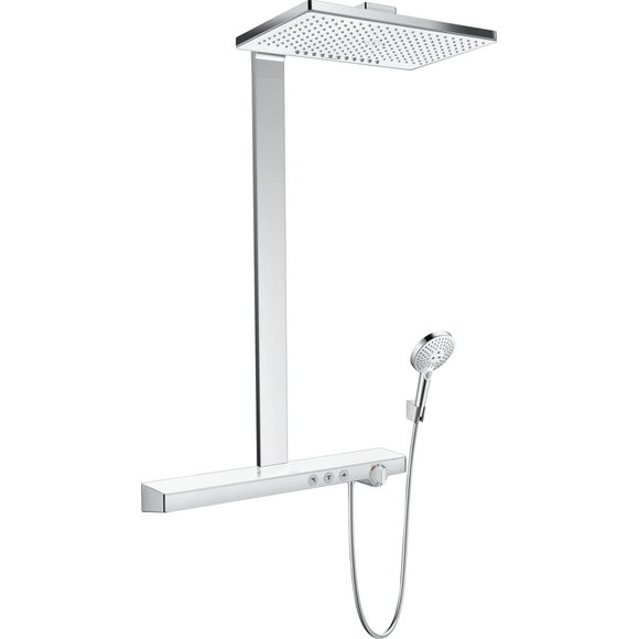 Термостатична душова система Hansgrohe Rainmaker Select 460 Showerpipe White/Chrome 27109400 (біла/хром, з поличкою), фото 