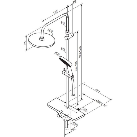 Душова система Damixa Apollo 947730300 (чорна матова, з полицею та виливом), Колір виробника: чорний матовий, фото , изображение 7