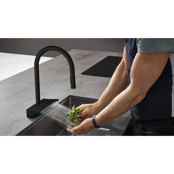Смеситель для кухни Hansgrohe Aquno Select M81 pull-out spout sBox Matt Black 73830670 (черный матовый, с выдвижной лейкой и дополнительным каскадным изливом), фото 2