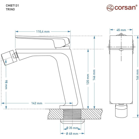 Смеситель для биде Corsan Trino Bkack CMB7131BL (черный матовый), Цвет производителя: черный матовый, фото 8