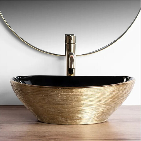Раковина Rea Sofia Black Brushed Gold REA-U3310 (41x33 см, черная глянцевая с золотым узором, чаша), Доступные размеры: 41 x 33, Цвет производителя: черный глянец, золото линией, фото 3
