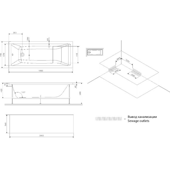 Акриловая ванна Am.Pm Gem W90A-180-080W-A (180x80 см), Доступные размеры: 180 x 80, фото 10