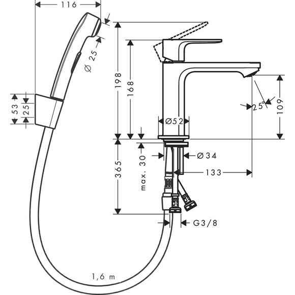 Смеситель для умывальника Hansgrohe Rebris E 72216000 (с гигиеническим душем), фото 3