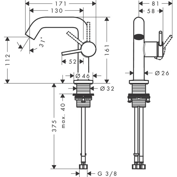 Смеситель для умывальника Hansgrohe Tecturis S Black Matt 73320670 (черный матовый, с донным клапаном), Цвет производителя: черный матовый, фото 5