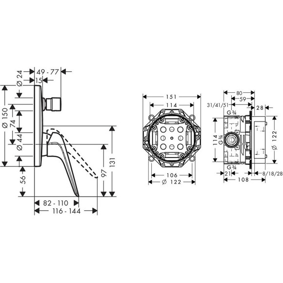 Смеситель скрытого монтажа для ванны Hansgrohe Novus 71045000+01800180 (внутренняя часть в комплекте), фото 3