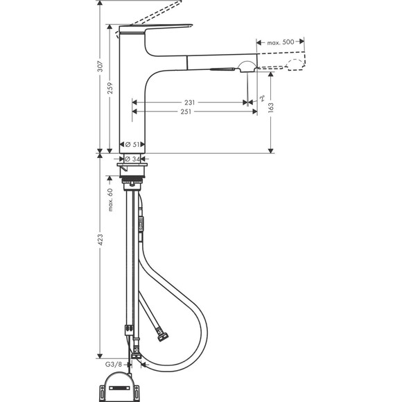 Змішувач для кухні Hansgrohe Zesis M33 Black Matt 74804670 (чорний матовий, з висувною лійкою), Колір виробника: чорний матовий, фото , изображение 7