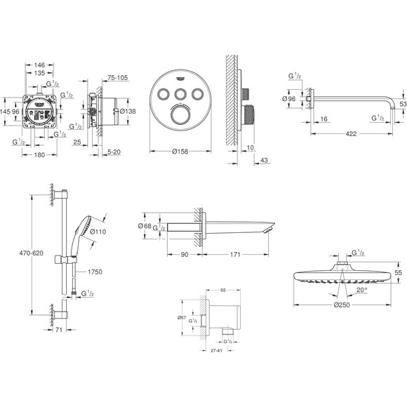 Душова система з термостатом Grohe QuickFix Grohtherm SmartControl&Vitalio Start 250 Round UA202801R3 (прихованого монтажу, з виливом), фото , изображение 18
