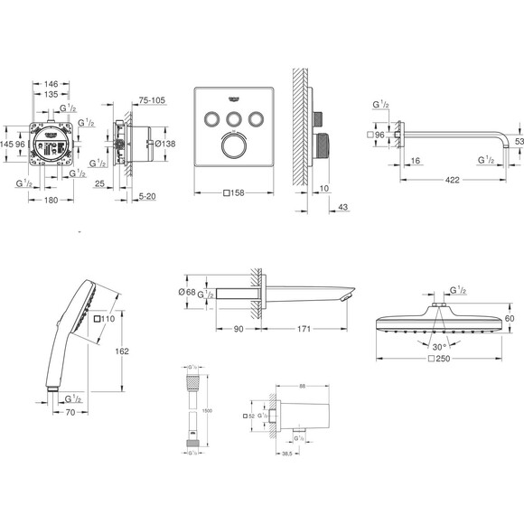 Душова система з термостатом Grohe QuickFix Grohtherm SmartControl&Vitalio Comfort 250 UA202802C3 (прихованого монтажу, з виливом), фото , изображение 21