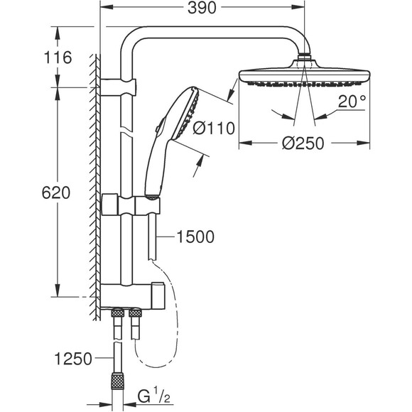 Душевая система Grohe QuickFix Vitalio Start 250 266802431 (черная матовая, без смесителя), Цвет производителя: черный матовый, фото 14