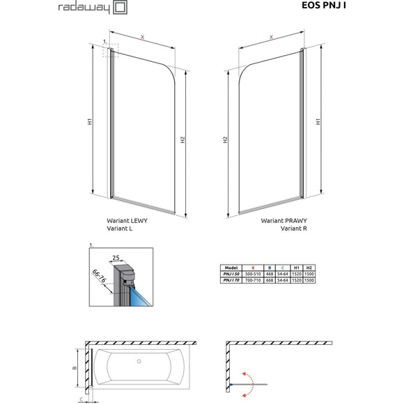 Ширма для ванны Radaway Eos PNJ 50 205102-101R (50x150 см, стекло прозрачное, профиль хром), фото 6