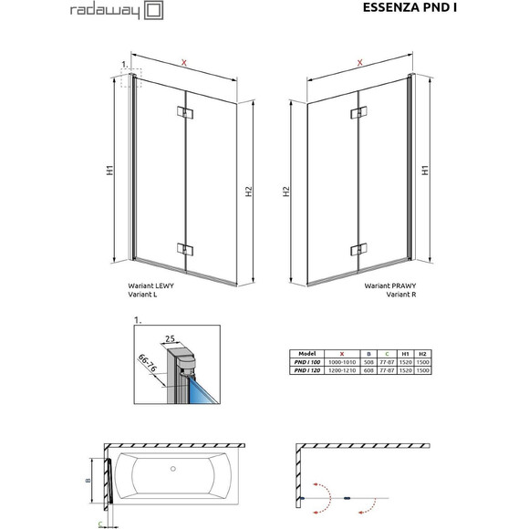 Ширма для ванни Radaway Essenza PND 100 207210-01L (100x150 см, прозоре скло, профіль хром), Доступні розміри: 100, фото , изображение 7