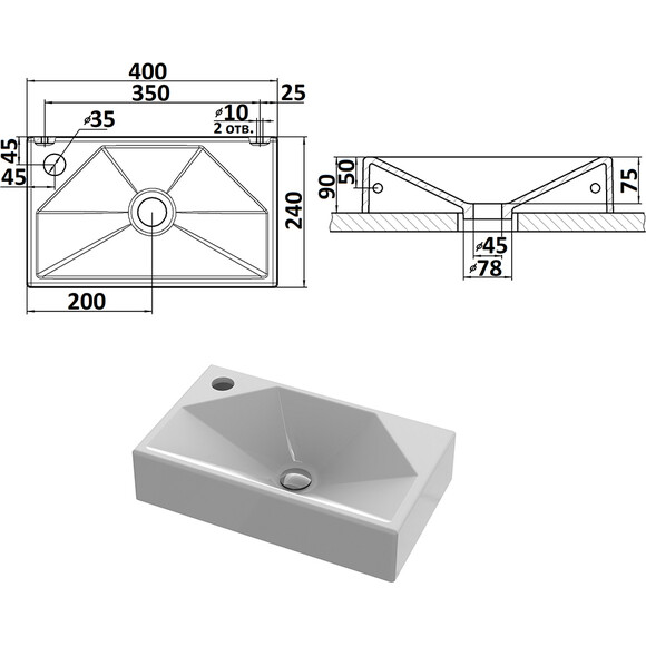 Умывальник Snail Меркурий L 157LA100 (40x24 см), Доступные размеры: 40 x 24 L, Цвет производителя: белый глянец, фото 8