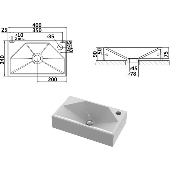 Умывальник Snail Меркурий R 157RA100 (40x24 см), Доступные размеры: 40 x 24 R, Цвет производителя: белый глянец, фото 8