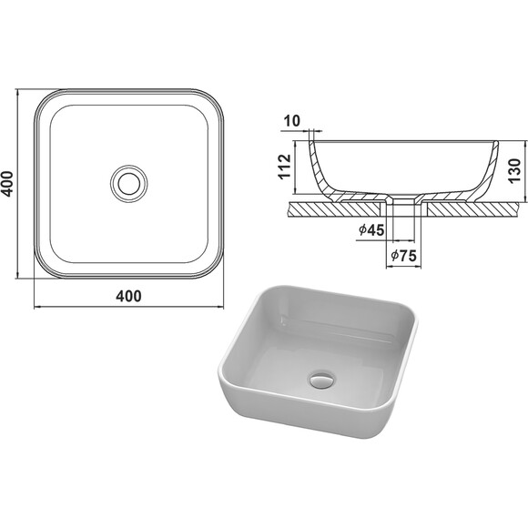 Умывальник Snail Палермо 178A100 (40x40 см, чаша), Цвет производителя: белый глянец, фото 16