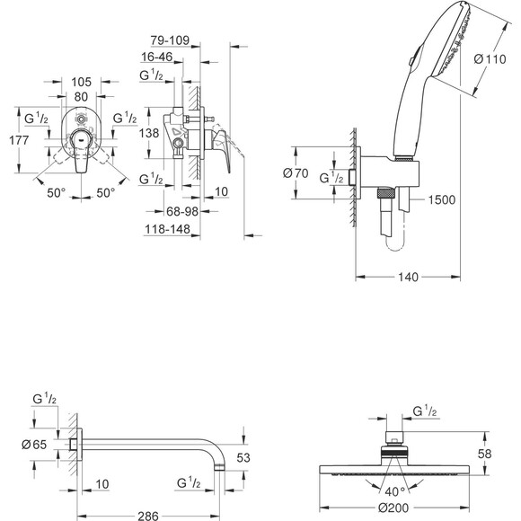 Душева система Grohe BauFlow & New Tempesta 200 UA29045003 (29045000+27541001+28576000+26406003, прихованого монтажу), фото , изображение 11