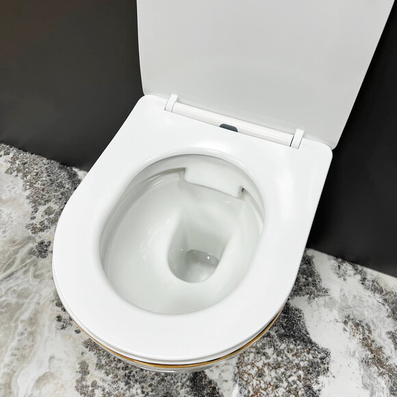 Безободковый подвесной унитаз VBI Vulcano Gold Edge VBI-020402 (белый/золотой, с сиденьем), Цвет производителя: белый, золото, фото 3