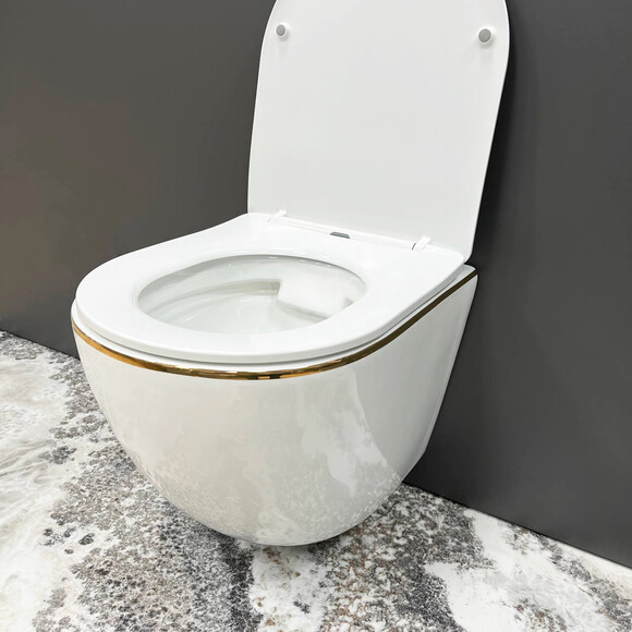 Безободковый подвесной унитаз VBI Vulcano Gold Edge VBI-020402 (белый/золотой, с сиденьем), Цвет производителя: белый, золото, фото 4