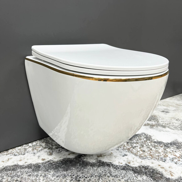 Безободковый подвесной унитаз VBI Vulcano Gold Edge VBI-020402 (белый/золотой, с сиденьем), Цвет производителя: белый, золото, фото 
