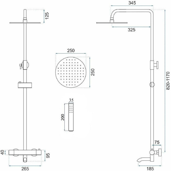 Душова система з термостатом Rea Lungo Black Glossy REA-P8763 (чорна глянсова, з виливом), Колір виробника: чорний глянець, фото , изображение 7