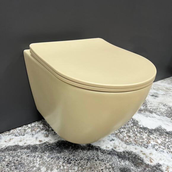 Безободковый подвесной унитаз VBI Vulcano Beige Matt VBI-020408 (бежевый матовый, с сиденьем), Цвет производителя: бежевый матовый, фото 