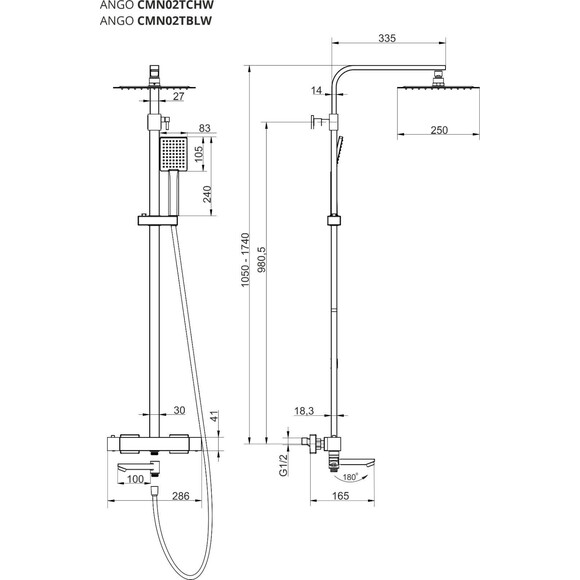 Термостатична душова система Corsan Ango Chrome CMN02TCHW (з виливом), Колір виробника: хром, фото , изображение 9