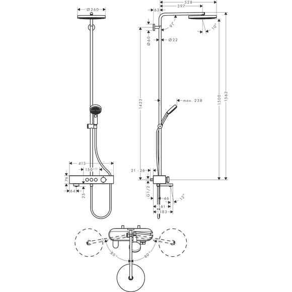 Душова система з термостатом Hansgrohe Pulsify S Chrome 24230000 (з виливом та поличкою), фото , изображение 3