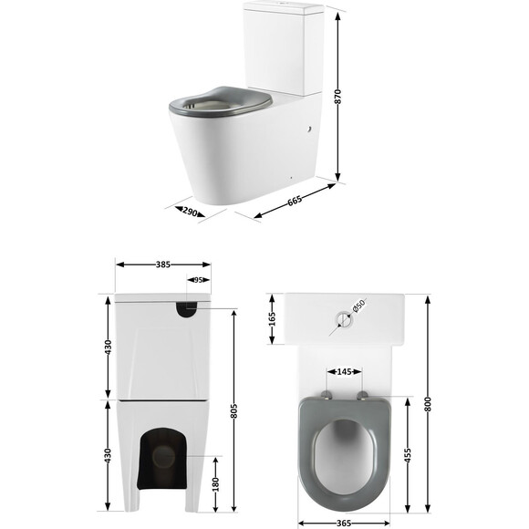 Безобідковий унітаз-компакт Qtap Freedom Rimless White/Grey QT22226098W (сірий/білий, з сидінням), фото , изображение 8