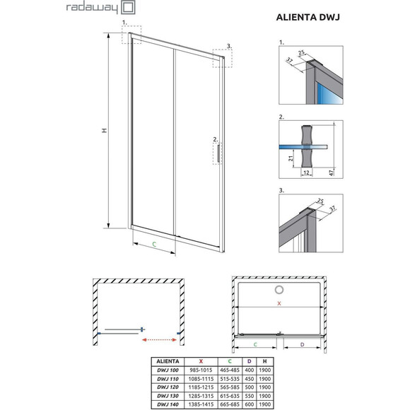 Душеві двері Radaway Alienta DWJ Black 10260140-54-01 (140 см, прозоре скло, профіль чорний матовий), Доступні розміри: 140, Колір виробника: чорний матовий, фото , изображение 4