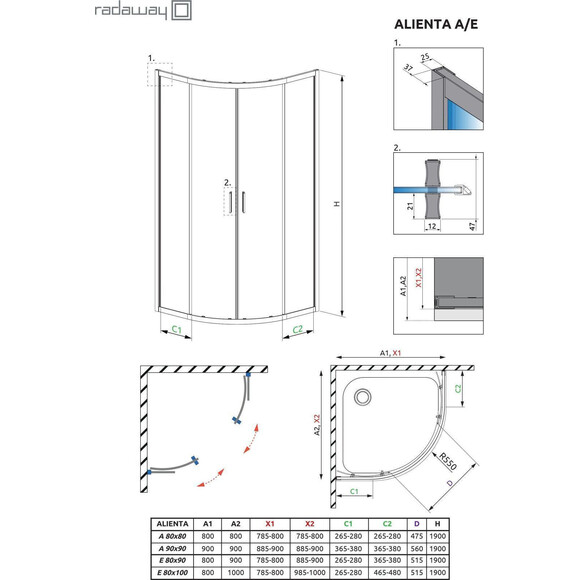 Душова кабіна Radaway Alienta E Black 10248090-54-01 (90x80 см, прозоре скло, профіль чорний матовий), Доступні розміри: 90 x 80, Колір виробника: чорний матовий, фото , изображение 4