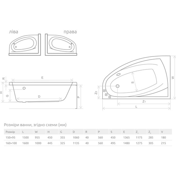 Акрилова ванна Radaway Rineia WA1-31-150x095LS (150x95 см, лівостороння, з ніжками та сифоном), Доступні розміри: 150 x 95 L, фото , изображение 3