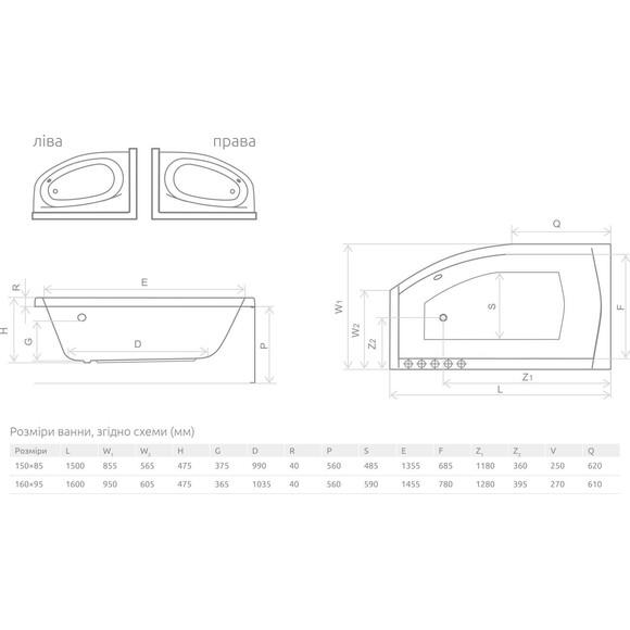 Акриловая ванна Radaway Sitera WA1-32-160x095LS (160x95 см, левосторонняя, с ножками и сифоном), Доступные размеры: 160 x 95 L, фото 3