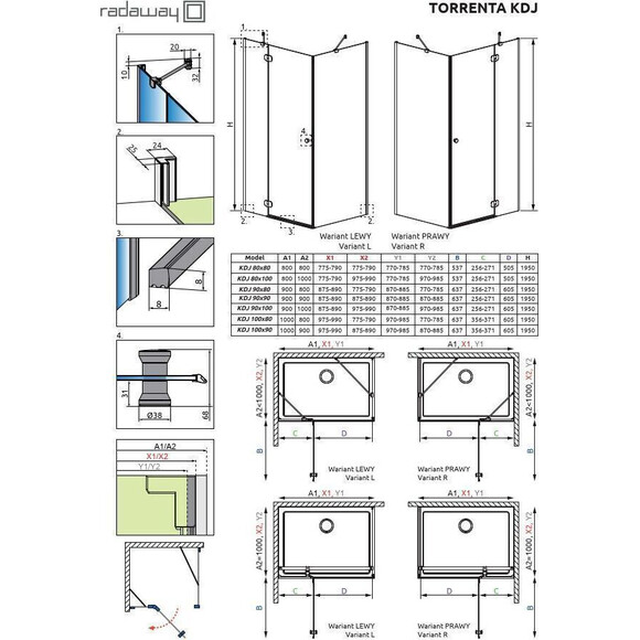 Душевая кабина Radaway Torrenta KDJ Chrome 132202-01-01L (90x90L см, левосторонняя, стекло прозрачное, петли хром), Доступные размеры: 90 x 90 L, фото 10