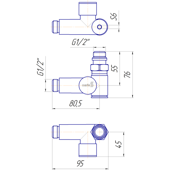 Кран угловой для полотенцесушителя Mario 4.0.0500.55.P (4820111354320, 1/2"x1/2", хром/белый глянец/черный мат/золото, под ТЭН), фото 6