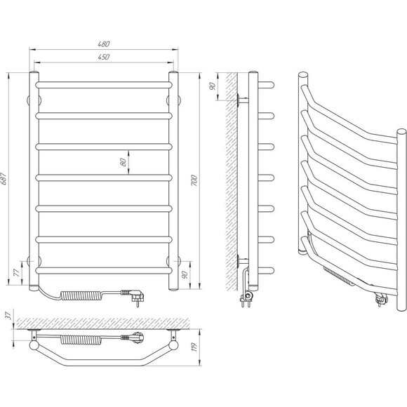 Электрический полотенцесушитель Laris Виктория П7 S3 73207822 (450x700, хром/белый/черный/золото/бронза, левый, сенсорный, с программатором), Доступные размеры: 450 x 700, Подключение полотенцесушителя: левое, фото 6