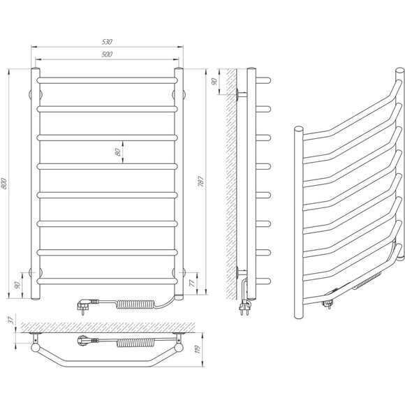 Электрический полотенцесушитель Laris Виктория П8 S3 73207825 (500x800, хром/белый/черный/золото/бронза, правый, сенсорный, с программатором), Доступные размеры: 500 x 800, Подключение полотенцесушителя: правое, фото 6