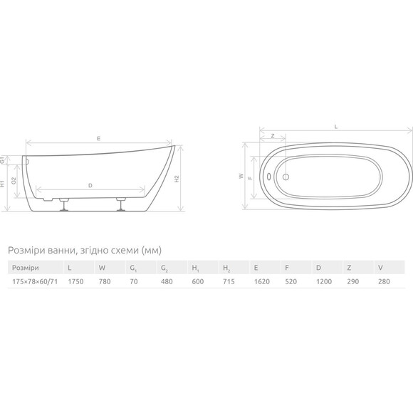 Акриловая ванна Radaway Nikia WA1-41-175X078U-B (175x78 см, отдельностоящая, с ножками и сифоном), фото 4