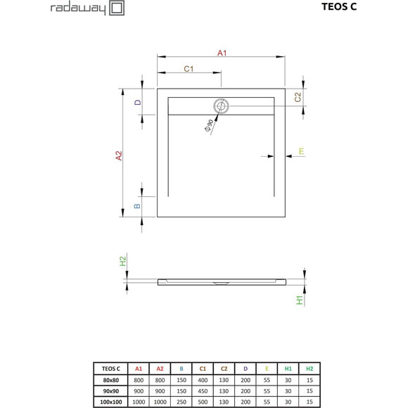 Душевой поддон Radaway Teos C Black HTC9090-54 (90x90 см, черный матовый), Доступные размеры: 90 x 90, Цвет производителя: черный матовый, фото 2