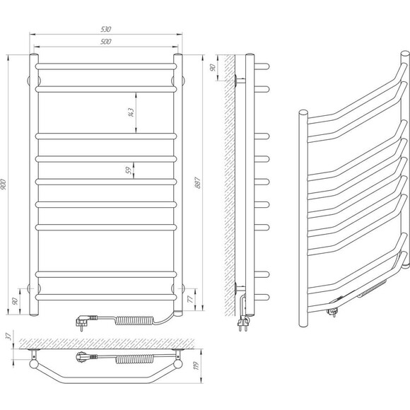 Электрический полотенцесушитель Laris Виктория П9 S3 73207827 (500x900, хром/белый/черный/золото/бронза, правый, сенсорный, с программатором), Доступные размеры: 500 x 900, Подключение полотенцесушителя: правое, фото 6