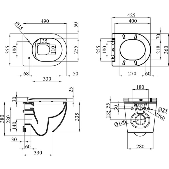 Безобідковий підвісний унітаз Kroner Harz WHI493736 (KH493736WHIR, з сидінням), фото , изображение 13