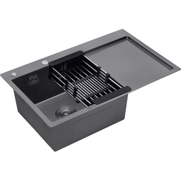 Кухонная мойка Kroner KRP Schwarze 7849LHM PVD (Schwarze-7849LHM, 78x49 см, 3.0/1.0 мм, с коландером и сифоном), Доступные размеры: 78 x 49 L, фото 