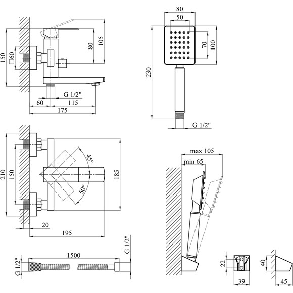 Смеситель для ванны Kroner KRP Edelstahl Kubus ESG060 (нержавейка, с лейкой и шлангом), Цвет производителя: нержавейка, фото 8