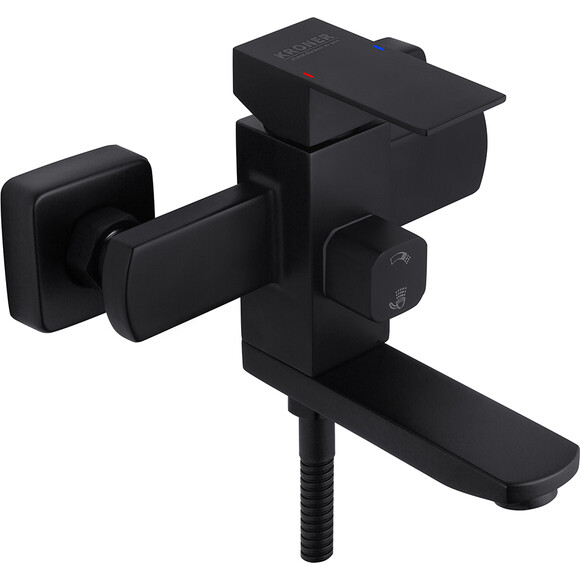 Смеситель для ванны Kroner KRP Edelstahl Kubus SCH060 (черный матовый, с лейкой и шлангом), Цвет производителя: черный матовый, фото 