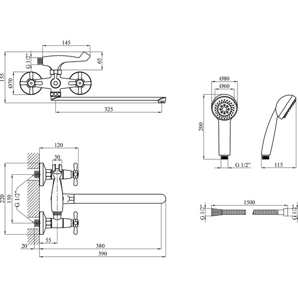 Смеситель для ванны Kroner KRP Royce C070 (с лейкой и шлангом), фото 8