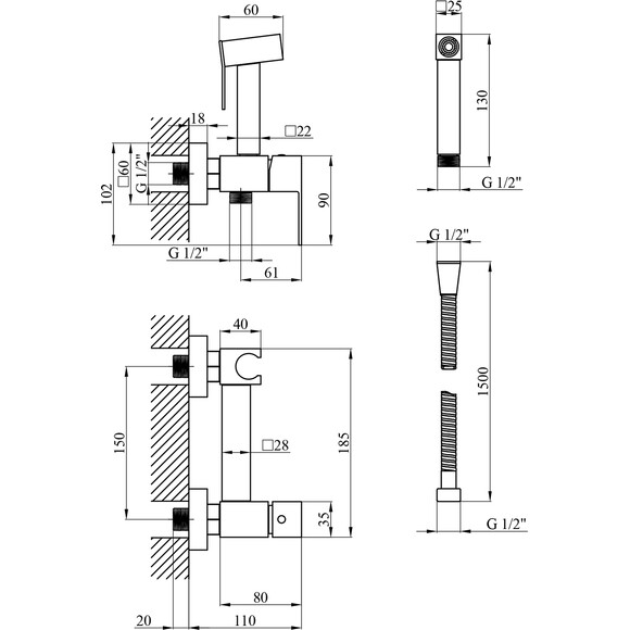 Гигиенический душ со смесителем Kroner KRP Edelstahl Kubus ESG052 (нержавейка), Цвет производителя: нержавейка, фото 7