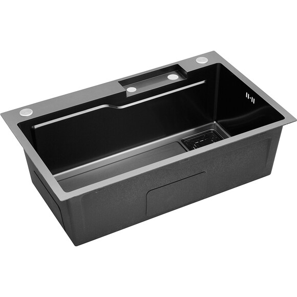 Кухонна мийка із змішувачем Kroner KRP Schwarze SET7546HM PVD (Schwarze-SET7546HMPVD, 75x46 см, 3.0/0.7 мм, з дошкою, колландером, дозатором та сифоном), фото , изображение 3
